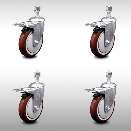 Service Caster 5 Inch SS Maroon Polyurethane 12mm Threaded Stem Caster Set Total Lock Brake SCC-SSTSTTL20S514-PPUB-MRN-M1215-4